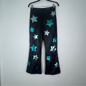 Delia's Dolls Kill NEW Spacey Waves Vegan Leather Star Flare Pants Blue y2k S